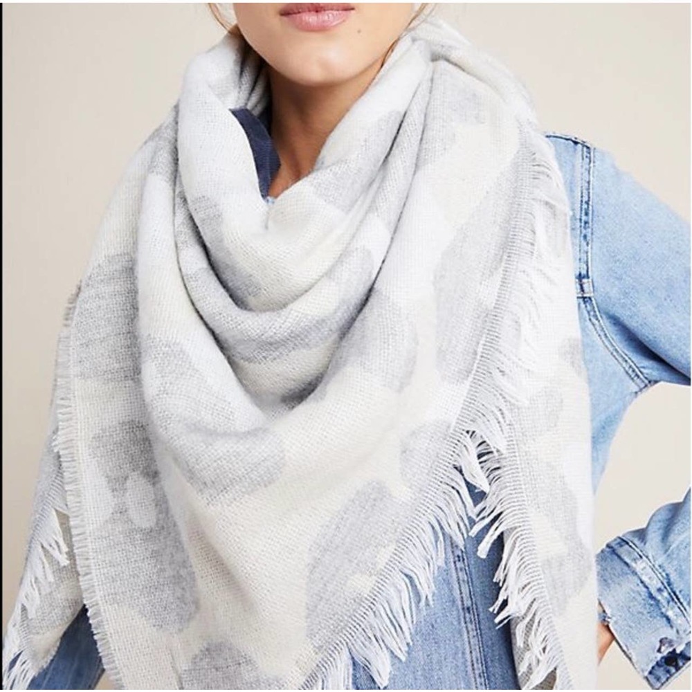 Anthropologie Camo Grey Cream Fringe Square Scarf Shawl 55" x 52"